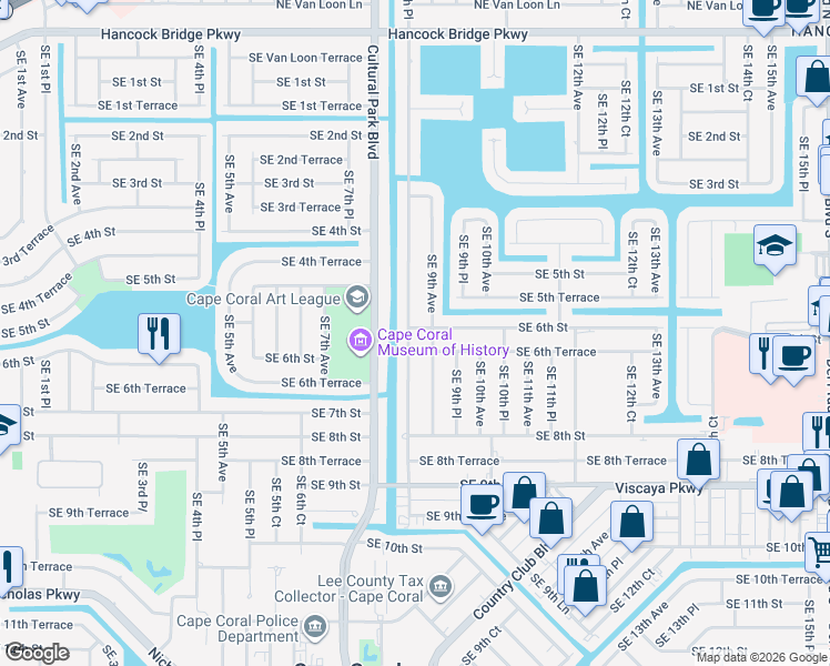 map of restaurants, bars, coffee shops, grocery stores, and more near 603 Southeast 8th Place in Cape Coral
