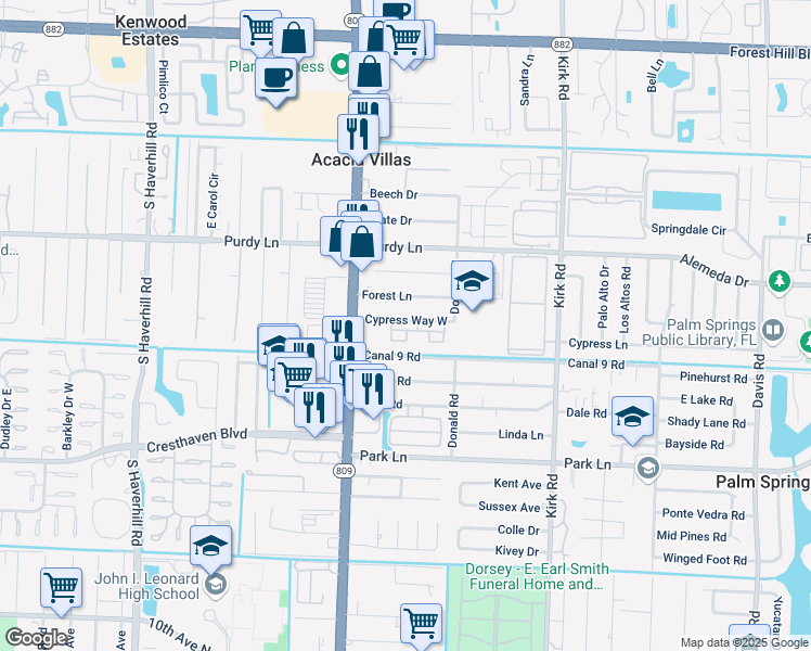 map of restaurants, bars, coffee shops, grocery stores, and more near 150 Cypress Way West in Palm Springs