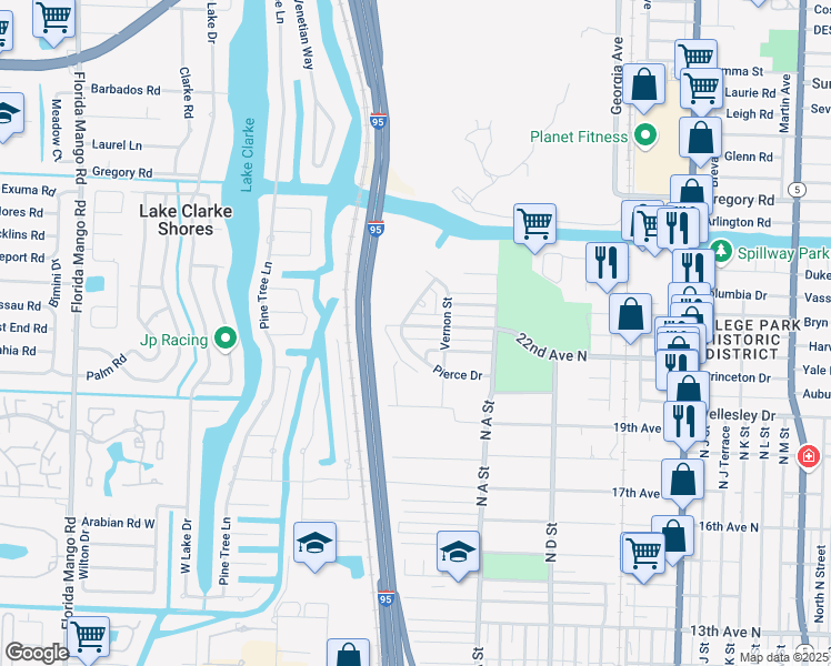 map of restaurants, bars, coffee shops, grocery stores, and more near 1771 22nd Ave N in Lake Worth