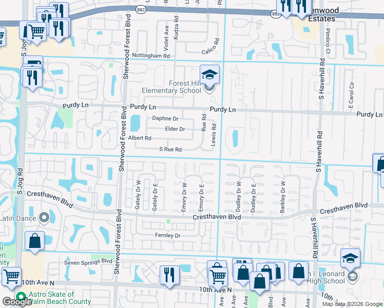 map of restaurants, bars, coffee shops, grocery stores, and more near 5652 South Rue Road in West Palm Beach