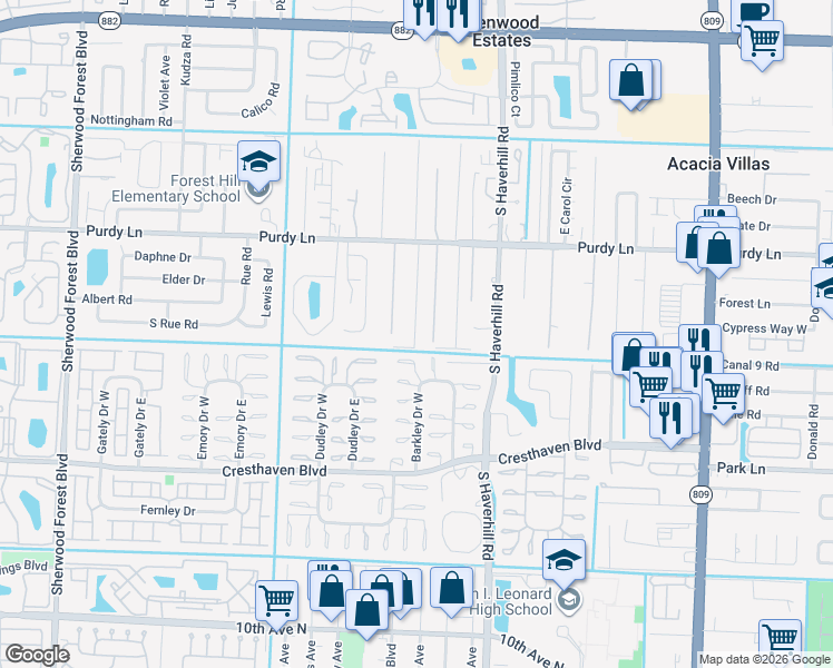 map of restaurants, bars, coffee shops, grocery stores, and more near 2460 Pinecrest Court in West Palm Beach