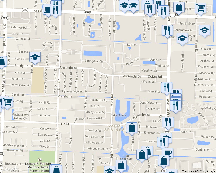 map of restaurants, bars, coffee shops, grocery stores, and more near 428 San Mateo Drive in Palm Springs