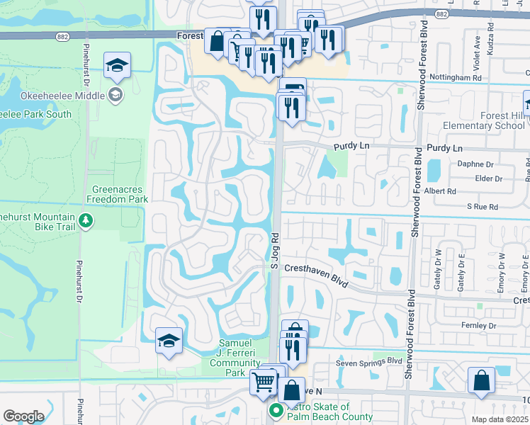 map of restaurants, bars, coffee shops, grocery stores, and more near 125 Harbor Lake Circle in Greenacres