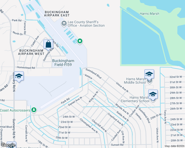 map of restaurants, bars, coffee shops, grocery stores, and more near 2631 Sunniland Boulevard in Lehigh Acres
