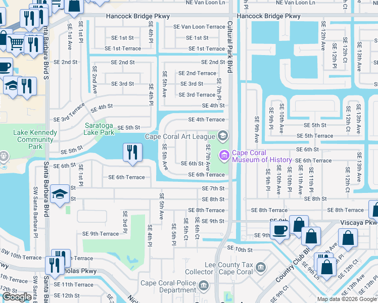 map of restaurants, bars, coffee shops, grocery stores, and more near 528 Southeast 6th Place in Cape Coral