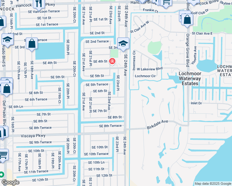 map of restaurants, bars, coffee shops, grocery stores, and more near 606 Southeast 23rd Place in Cape Coral