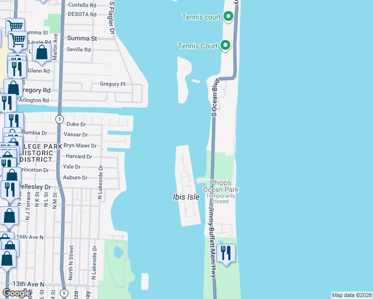 map of restaurants, bars, coffee shops, grocery stores, and more near 2155 Ibis Isle Road in Palm Beach
