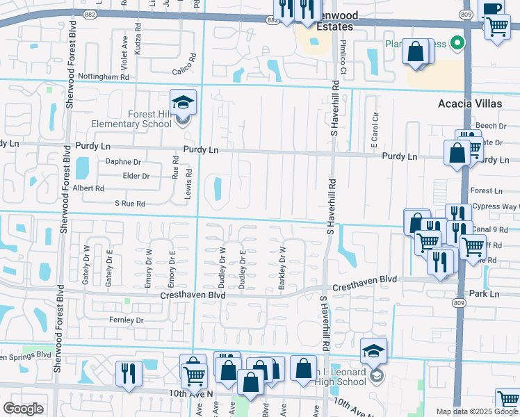 map of restaurants, bars, coffee shops, grocery stores, and more near 2483 Lena Lane in West Palm Beach