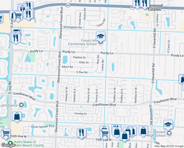 map of restaurants, bars, coffee shops, grocery stores, and more near 5652 South Rue Road in West Palm Beach