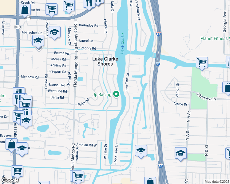 map of restaurants, bars, coffee shops, grocery stores, and more near 7801 Edgewater Drive in West Palm Beach