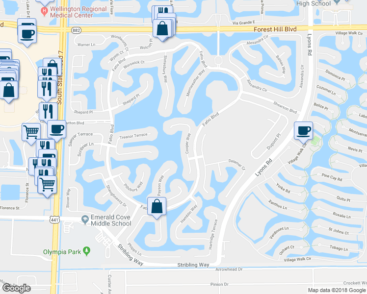 map of restaurants, bars, coffee shops, grocery stores, and more near 2643 Cooper Way in Wellington