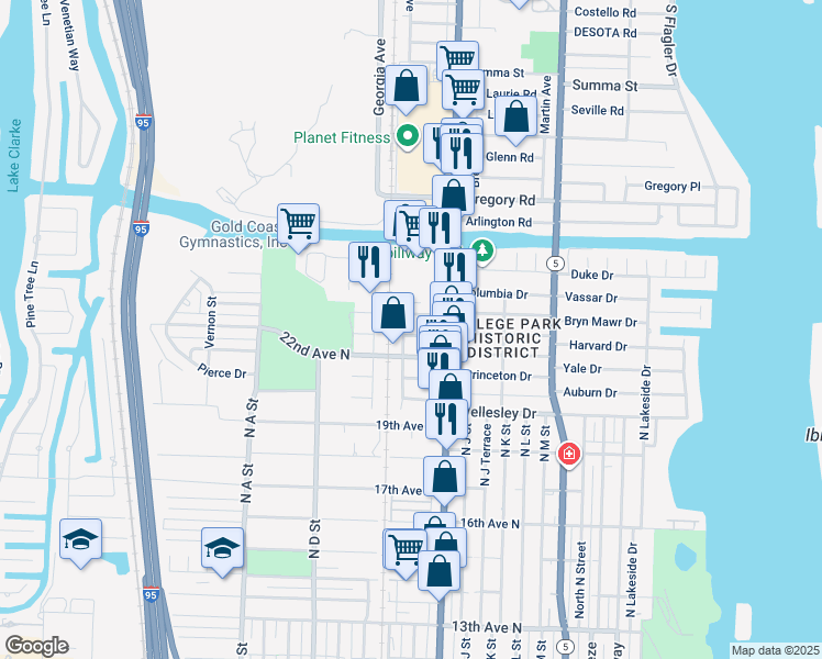 map of restaurants, bars, coffee shops, grocery stores, and more near 528 23rd Avenue North in Lake Worth
