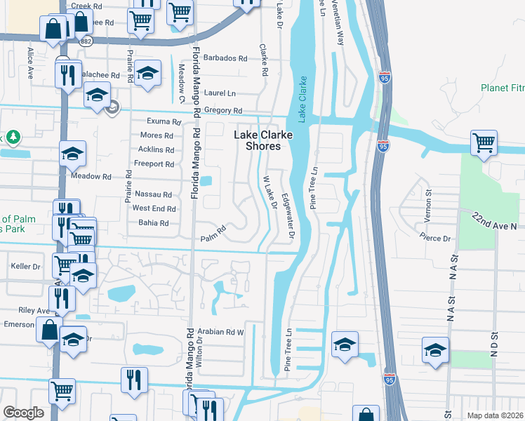 map of restaurants, bars, coffee shops, grocery stores, and more near 2298 Edgewater Drive in West Palm Beach