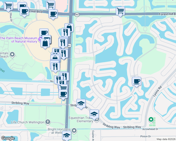 map of restaurants, bars, coffee shops, grocery stores, and more near 9758 Scribner Lane in Wellington