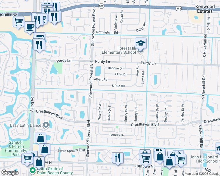 map of restaurants, bars, coffee shops, grocery stores, and more near 5828 South Rue Road in West Palm Beach