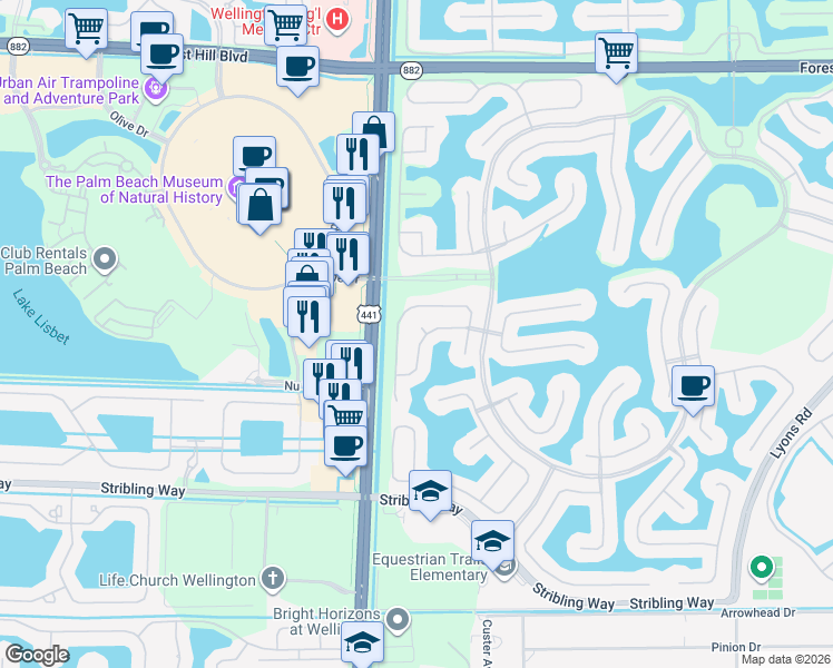 map of restaurants, bars, coffee shops, grocery stores, and more near 9813 Scribner Lane in Wellington
