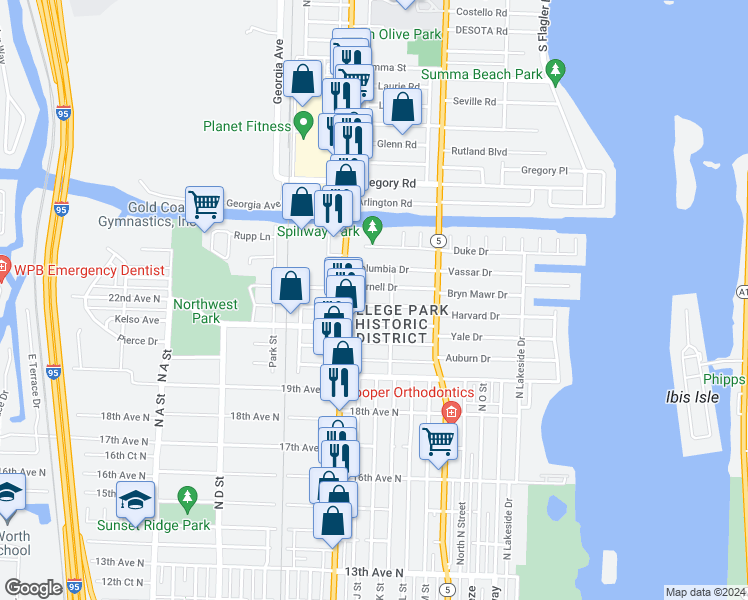 map of restaurants, bars, coffee shops, grocery stores, and more near 320 Dartmouth Drive in Lake Worth