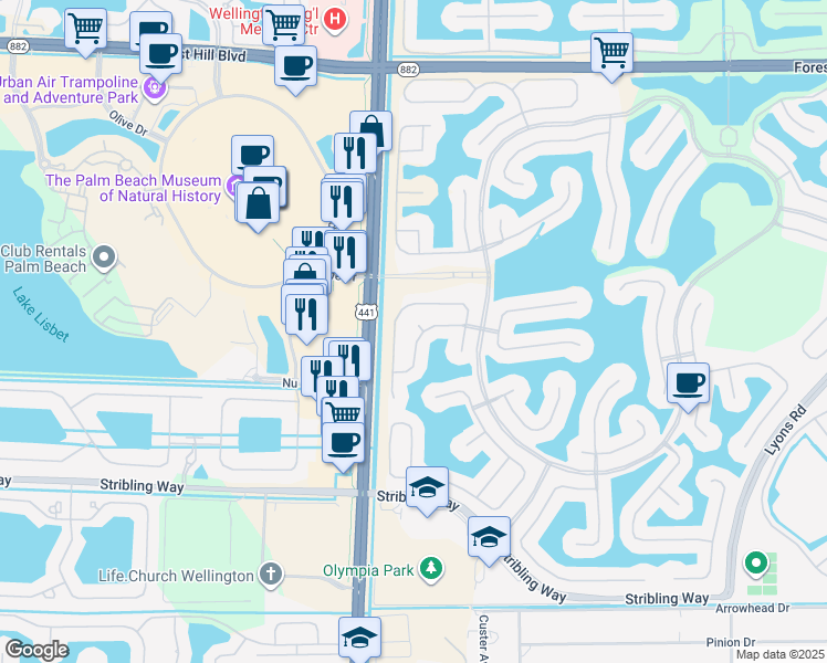 map of restaurants, bars, coffee shops, grocery stores, and more near 9813 Scribner Lane in Wellington