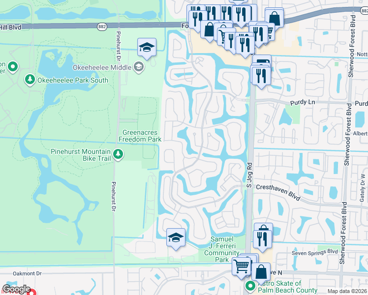 map of restaurants, bars, coffee shops, grocery stores, and more near 349 Hammocks Trail in Greenacres