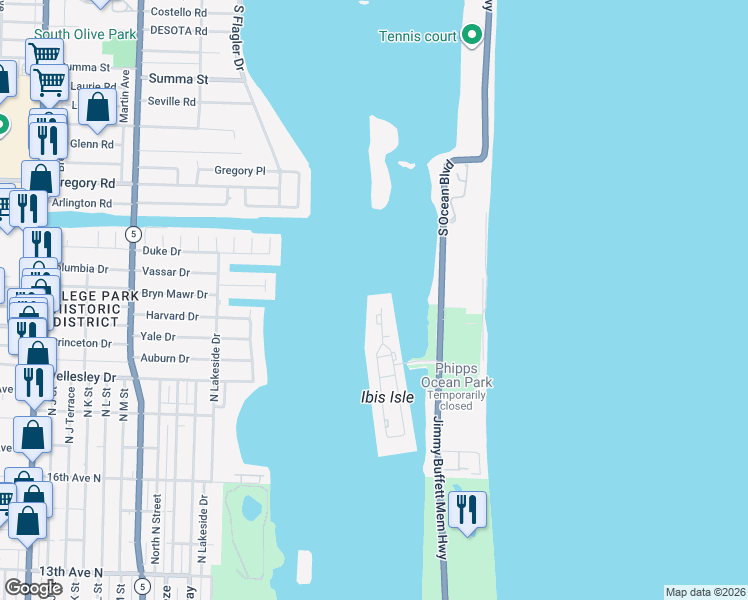 map of restaurants, bars, coffee shops, grocery stores, and more near 2150 Ibis Isle Road in Palm Beach