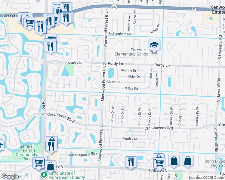 map of restaurants, bars, coffee shops, grocery stores, and more near 5920 South Rue Road in West Palm Beach