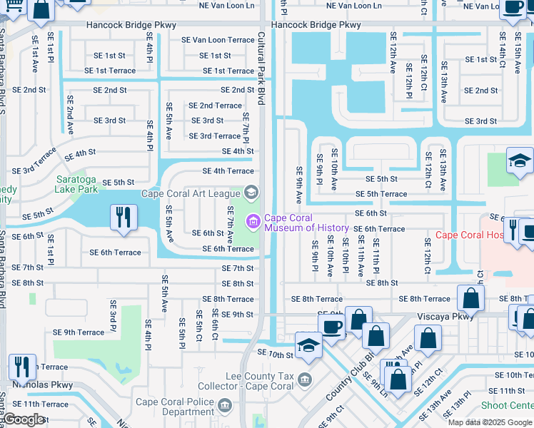 map of restaurants, bars, coffee shops, grocery stores, and more near 525 Cultural Park Boulevard in Cape Coral