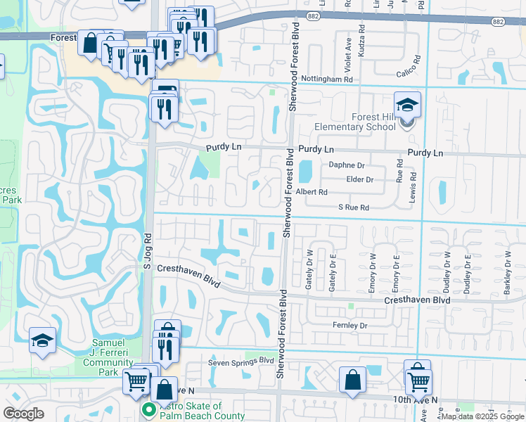 map of restaurants, bars, coffee shops, grocery stores, and more near 2476 Avenida Barcelona Este in West Palm Beach