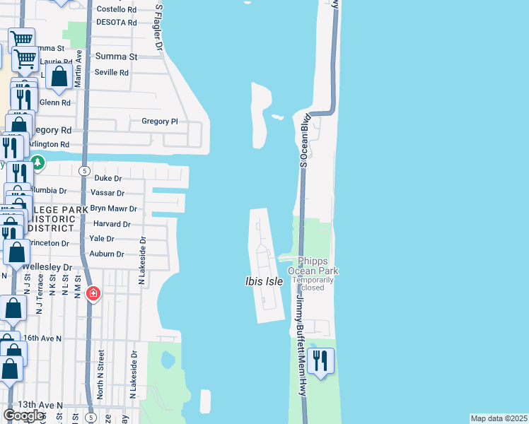 map of restaurants, bars, coffee shops, grocery stores, and more near 2155 Ibis Isle Road in Palm Beach