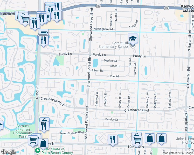 map of restaurants, bars, coffee shops, grocery stores, and more near 5920 South Rue Road in West Palm Beach