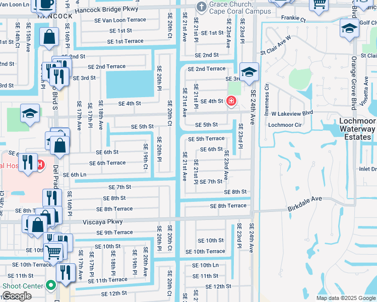 map of restaurants, bars, coffee shops, grocery stores, and more near 532 Southeast 21st Avenue in Cape Coral