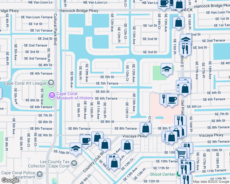 map of restaurants, bars, coffee shops, grocery stores, and more near 1108 Southeast 6th Street in Cape Coral