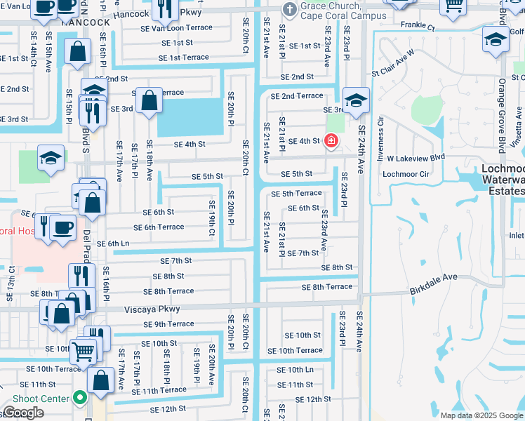 map of restaurants, bars, coffee shops, grocery stores, and more near 532 Southeast 21st Avenue in Cape Coral