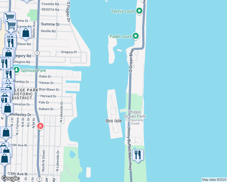 map of restaurants, bars, coffee shops, grocery stores, and more near 2155 Ibis Isle Road in Palm Beach