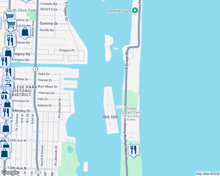 map of restaurants, bars, coffee shops, grocery stores, and more near 2155 Ibis Isle Road in Palm Beach