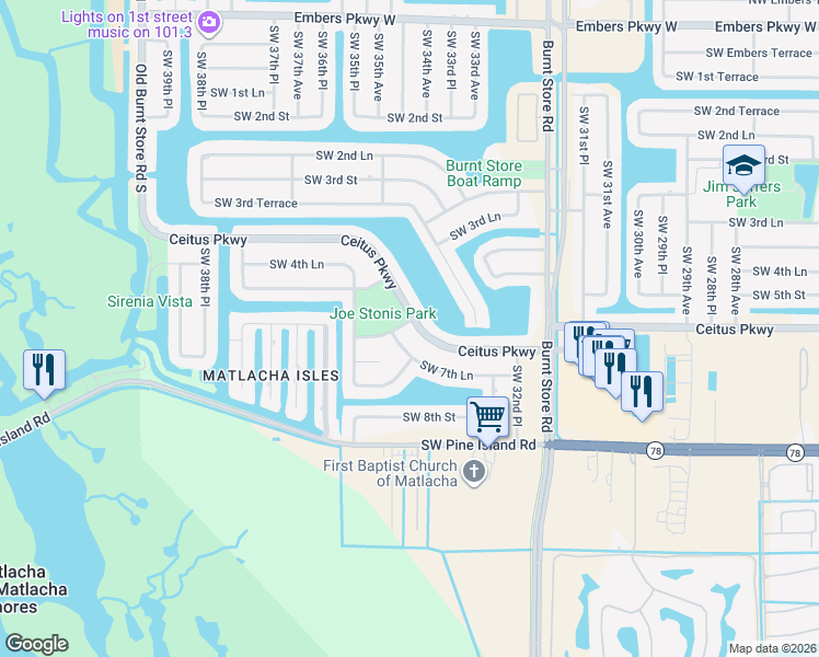 map of restaurants, bars, coffee shops, grocery stores, and more near 3428 Ceitus Parkway in Cape Coral
