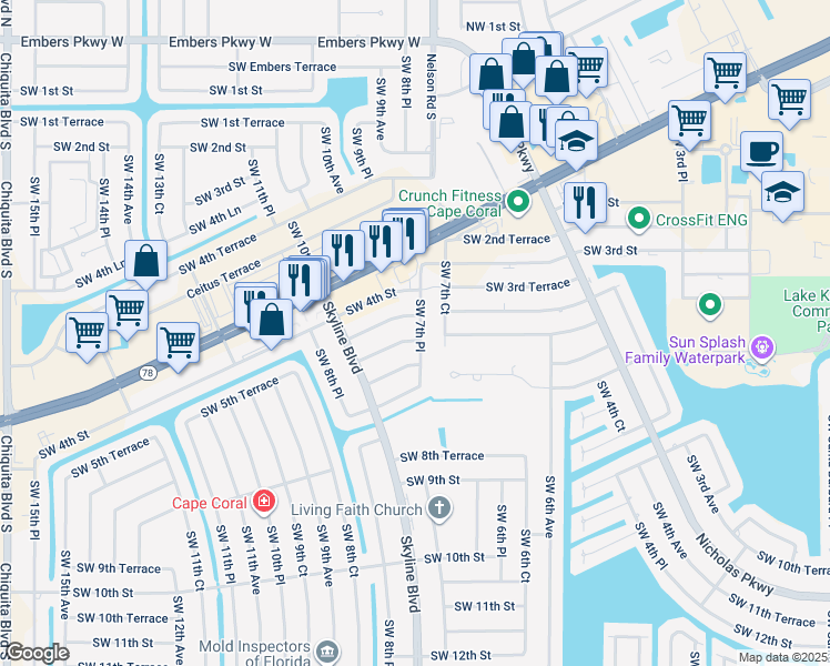 map of restaurants, bars, coffee shops, grocery stores, and more near 715 Southwest 5th Street in Cape Coral