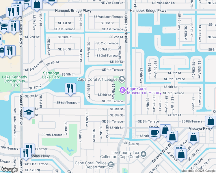 map of restaurants, bars, coffee shops, grocery stores, and more near 528 Southeast 6th Place in Cape Coral