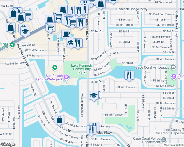 map of restaurants, bars, coffee shops, grocery stores, and more near 426 Southeast Santa Barbara Place in Cape Coral