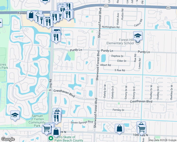 map of restaurants, bars, coffee shops, grocery stores, and more near 2477 Avenida Barcelona Este in West Palm Beach