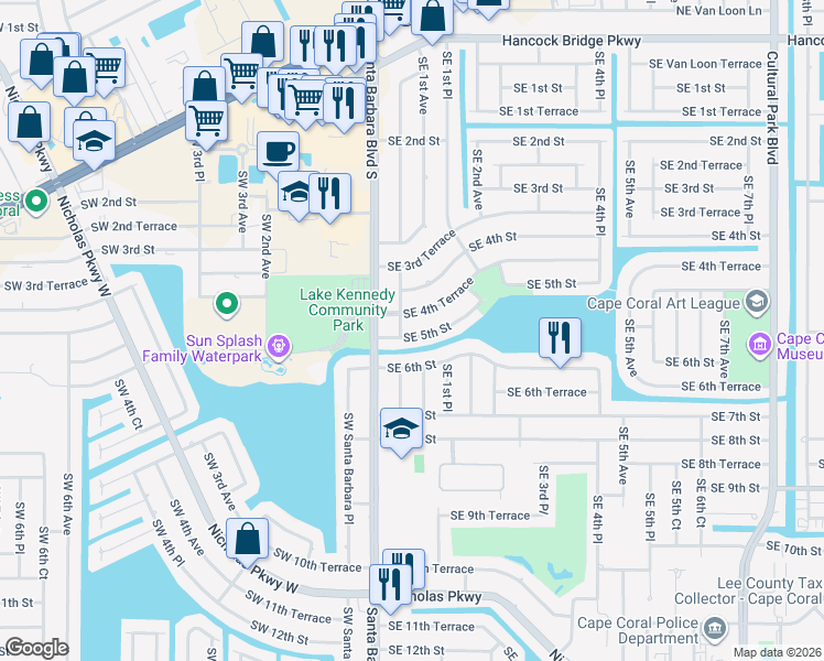 map of restaurants, bars, coffee shops, grocery stores, and more near 121 Southeast 5th Street in Cape Coral