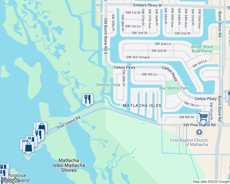 map of restaurants, bars, coffee shops, grocery stores, and more near 516 Southwest 39th Avenue in Cape Coral