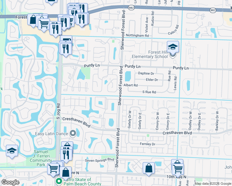 map of restaurants, bars, coffee shops, grocery stores, and more near 2462 Avenida Barcelona Este in West Palm Beach