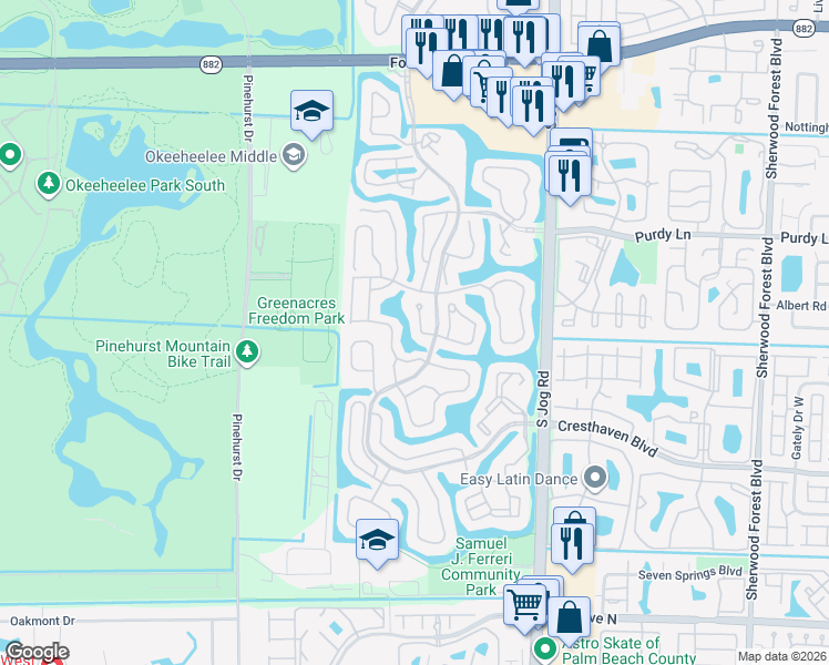 map of restaurants, bars, coffee shops, grocery stores, and more near 108 Private Place in Greenacres