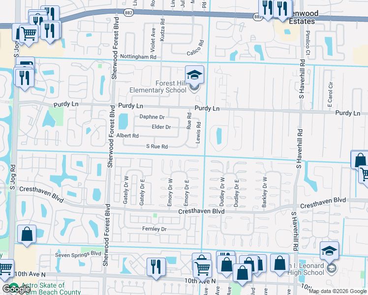 map of restaurants, bars, coffee shops, grocery stores, and more near 5652 South Rue Road in West Palm Beach