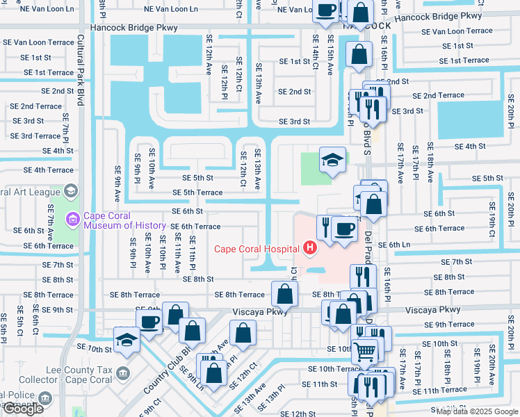 map of restaurants, bars, coffee shops, grocery stores, and more near 1303 Southeast 6th Street in Cape Coral