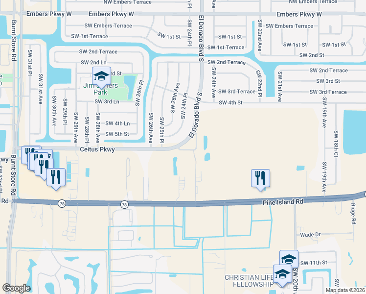 map of restaurants, bars, coffee shops, grocery stores, and more near 2430 Southwest 5th Terrace in Cape Coral