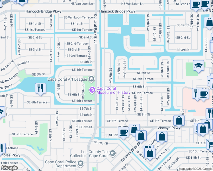 map of restaurants, bars, coffee shops, grocery stores, and more near 603 Southeast 8th Place in Cape Coral