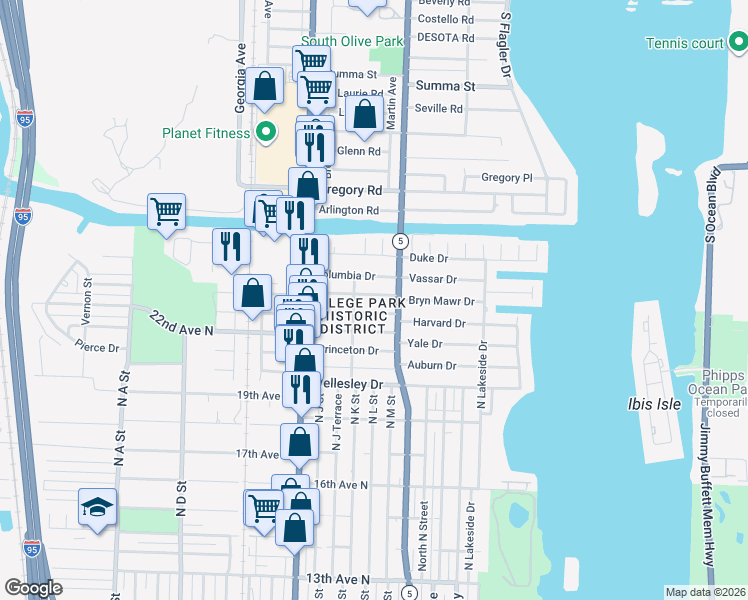 map of restaurants, bars, coffee shops, grocery stores, and more near 225 Cornell Drive in Lake Worth Beach