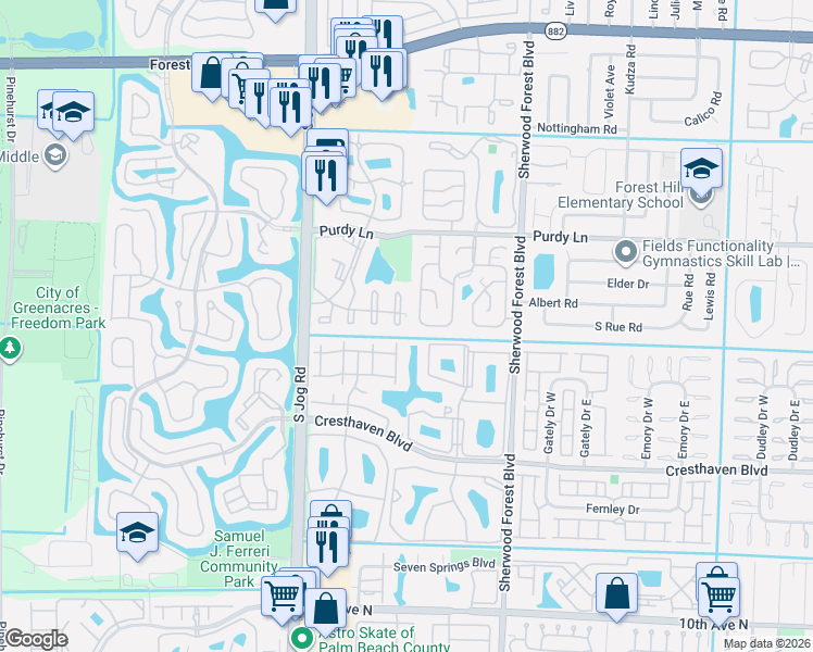 map of restaurants, bars, coffee shops, grocery stores, and more near 221 Foxtail Drive in Greenacres