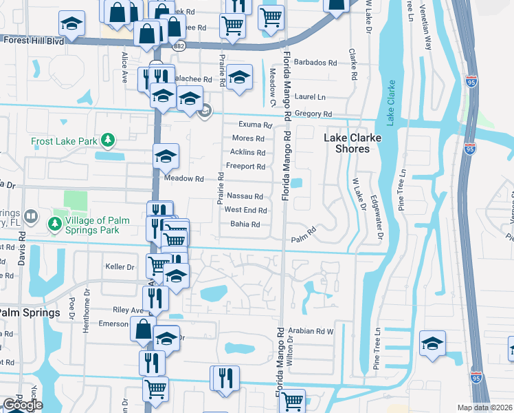 map of restaurants, bars, coffee shops, grocery stores, and more near 2622 West End Road in West Palm Beach